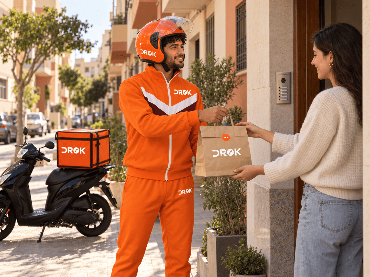 Un Batal DROK remet une commande à une cliente