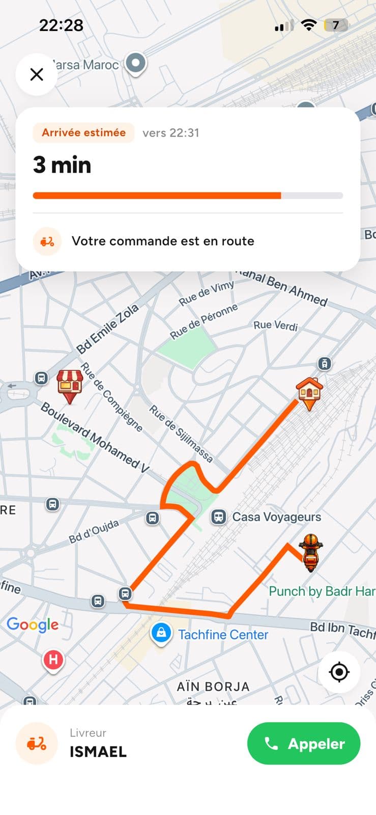 Ecran de suivi en direct du livreur dans l'application DROK